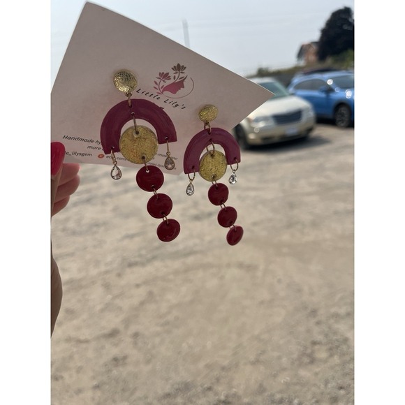 Handmade  Red And gold  Polymer Clay   Dangle Earrings - Picture 4 of 9